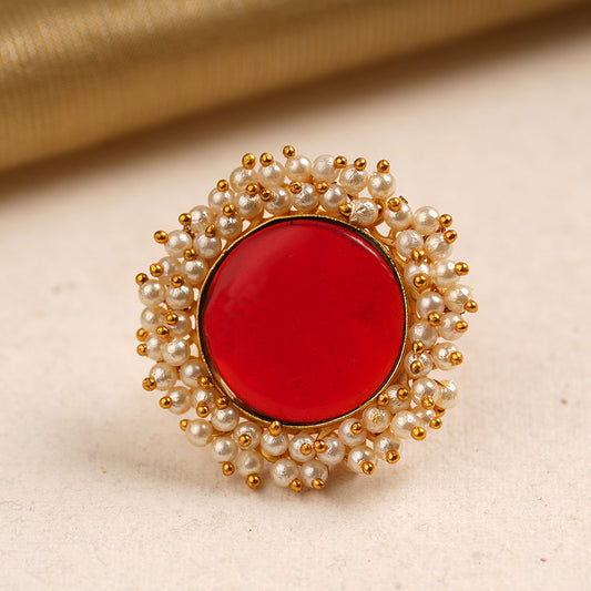 Bhavya- Stone Studded Pearl Framed ring(Red)