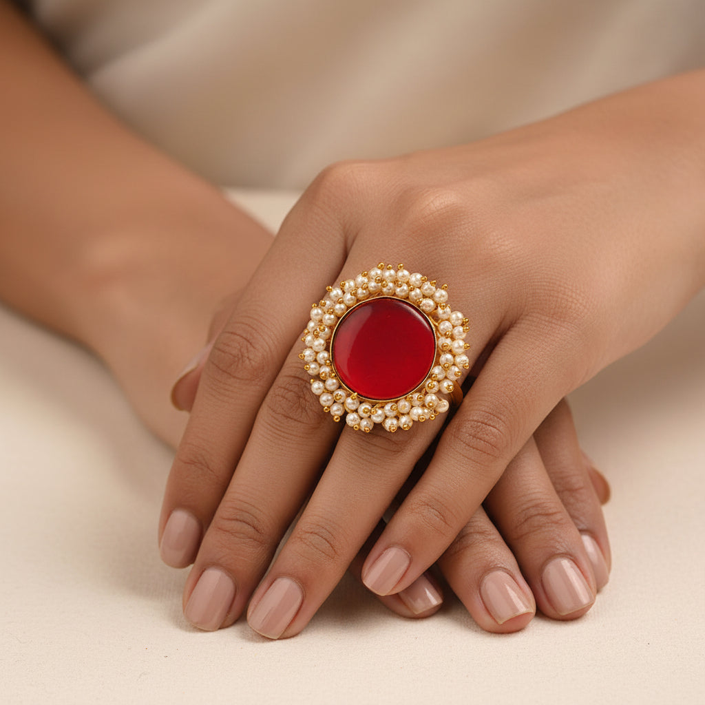 Bhavya- Stone Studded Pearl Framed ring(Red)