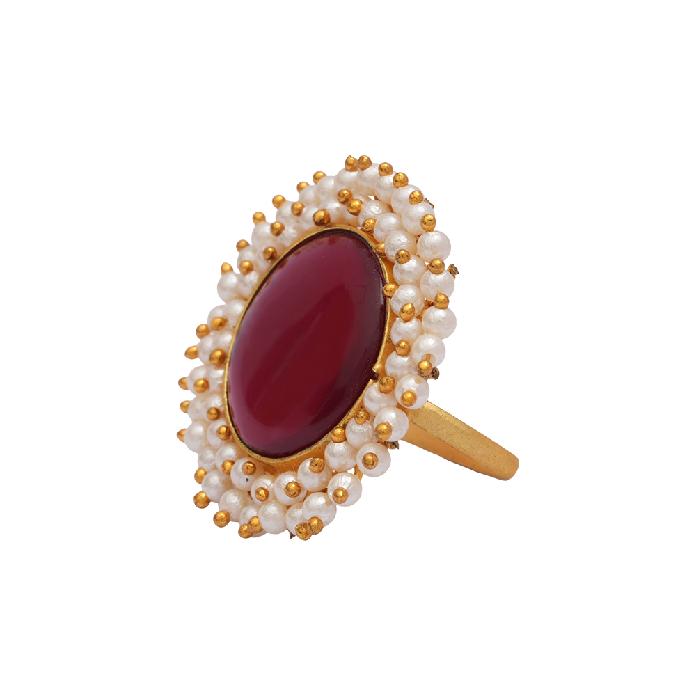 Bhavya- Stone Studded Pearl Framed ring(Red)