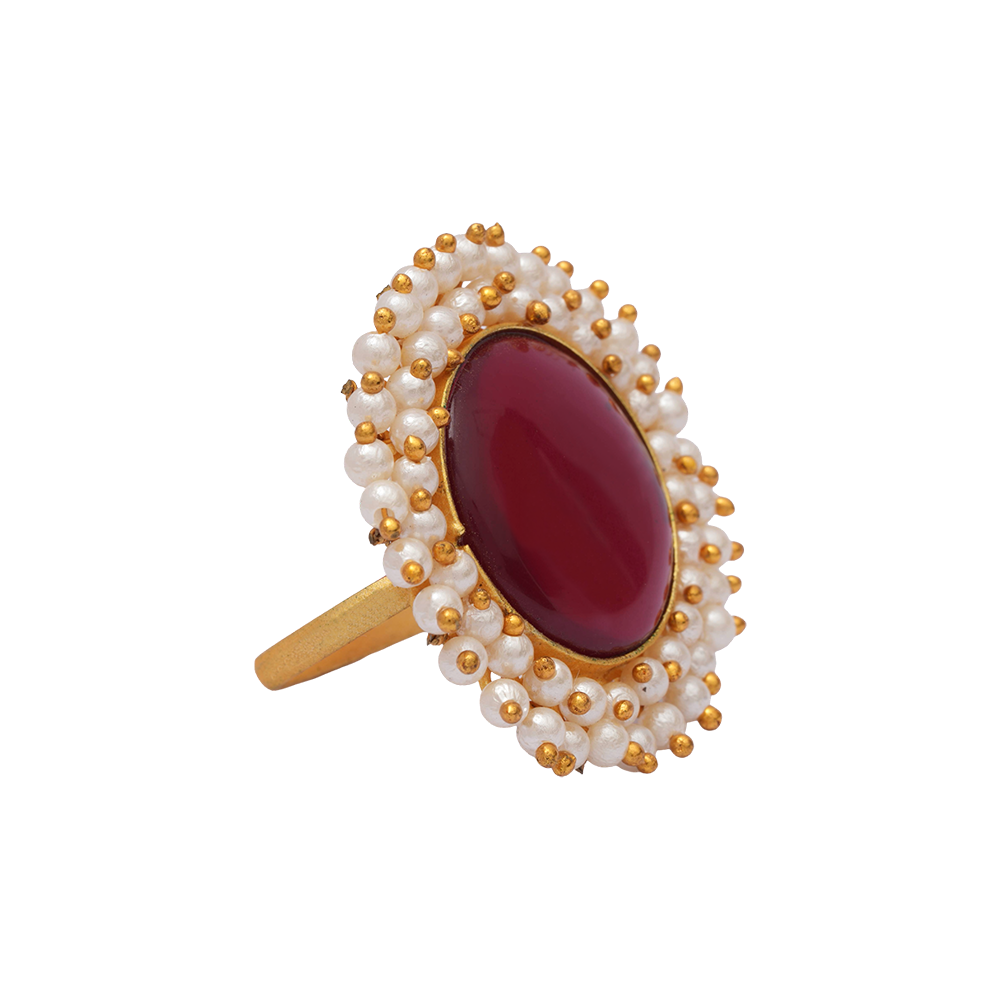 Bhavya- Stone Studded Pearl Framed ring(Red)