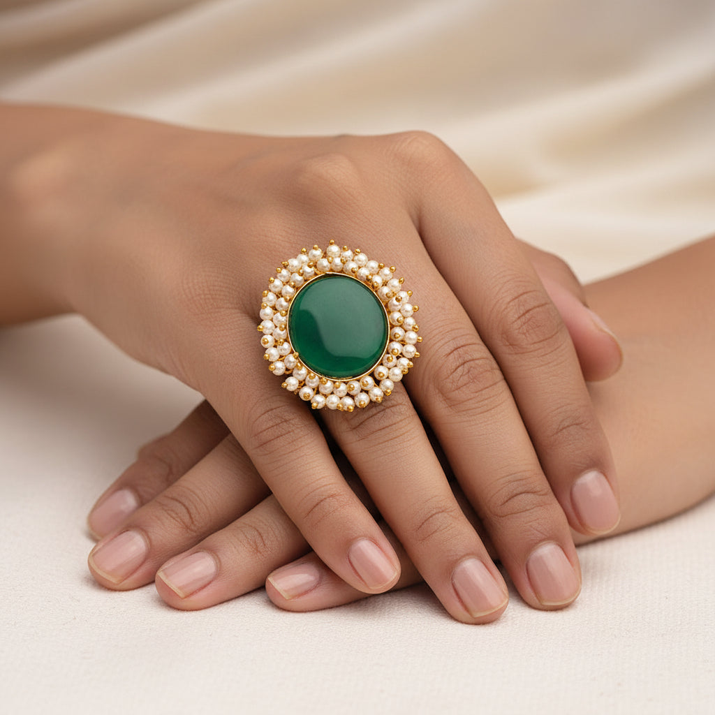 Bhavya- Stone Studded Pearl Framed ring(Green)