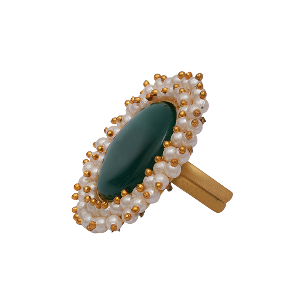 Bhavya- Stone Studded Pearl Framed ring(Green)