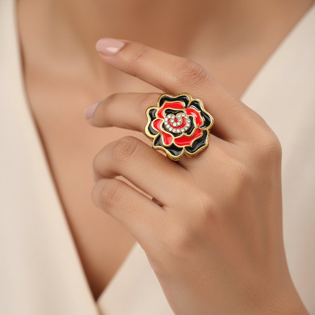 Abhira-Golden Framed Adjustable Ring(Multicolor- Red and Black)