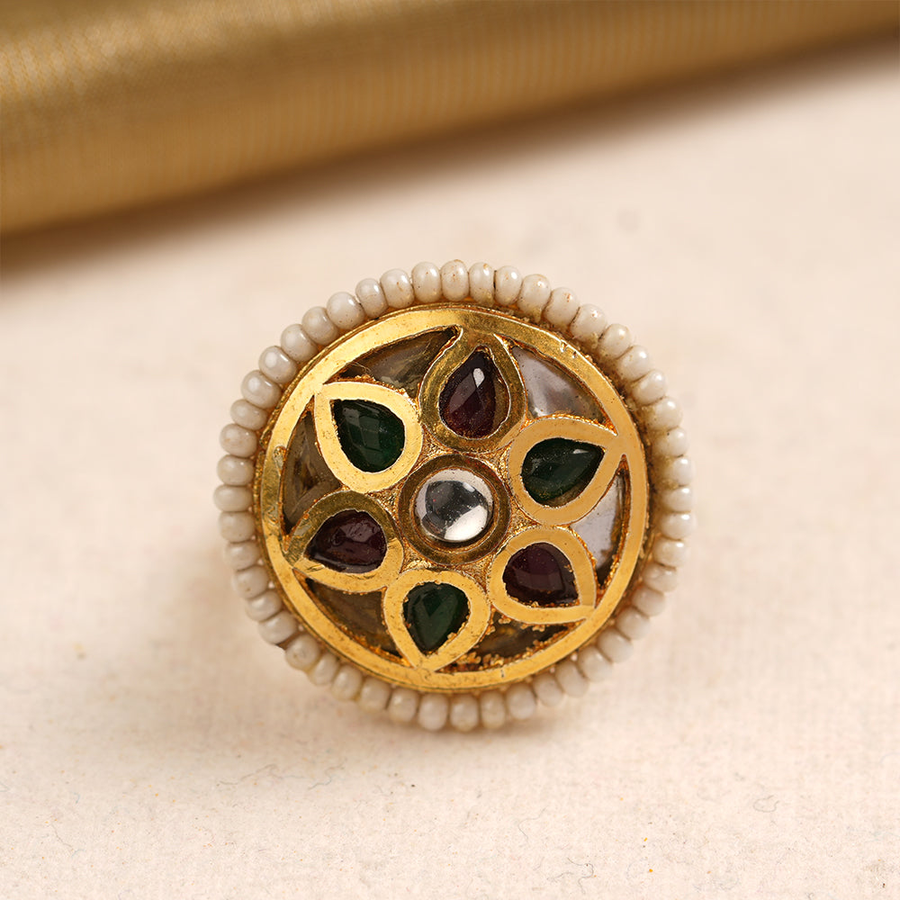 Chandrika- Golden Carved Pearl Framed Adjustable Ring