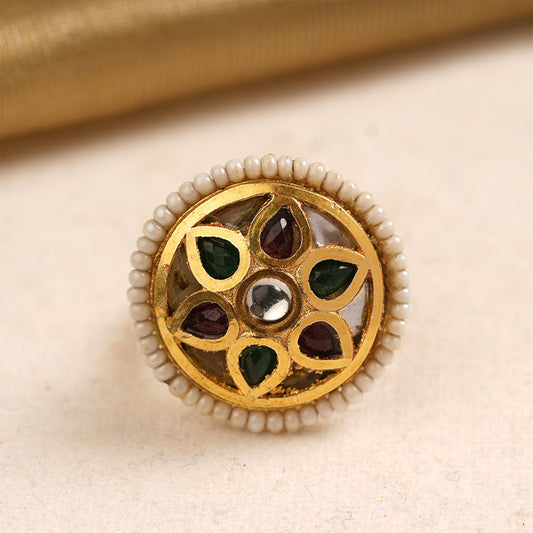 Chandrika- Golden Carved Pearl Framed Adjustable Ring