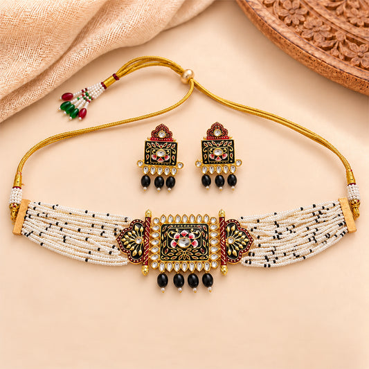 Ishani- Stone Studded Hanging Pearl Beaded Neckpiece Set (Black)