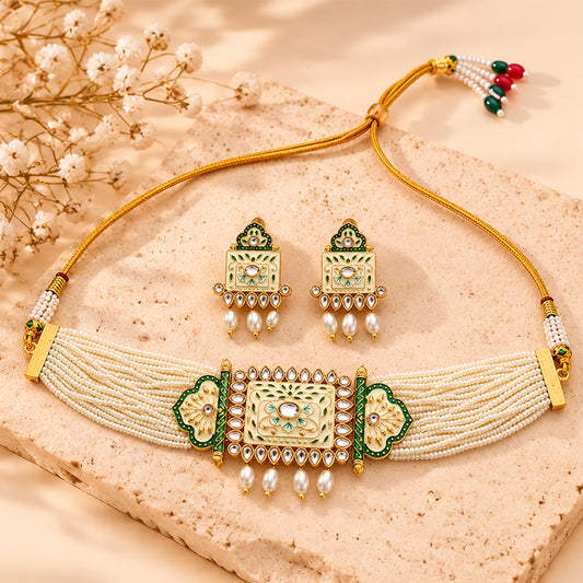 Ishani- Stone Studded Hanging Pearl Beaded Neckpiece Set (Off White)