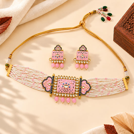 Ishani- Stone Studded Hanging Pearl Beaded Neckpiece Set (Pink)