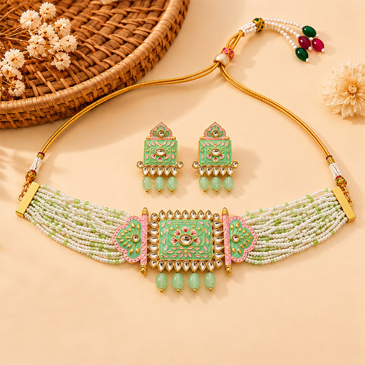 Ishani- Stone Studded Hanging Pearl Beaded Neckpiece Set (Pista)