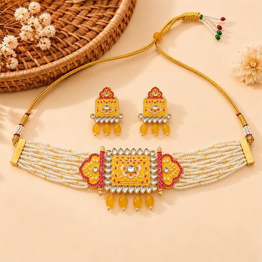 Ishani- Stone Studded Hanging Pearl Beaded Neckpiece Set (Yellow)