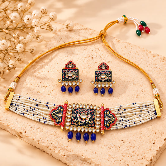 Ishani- Stone Studded Hanging Pearl Beaded Neckpiece Set (Purple)