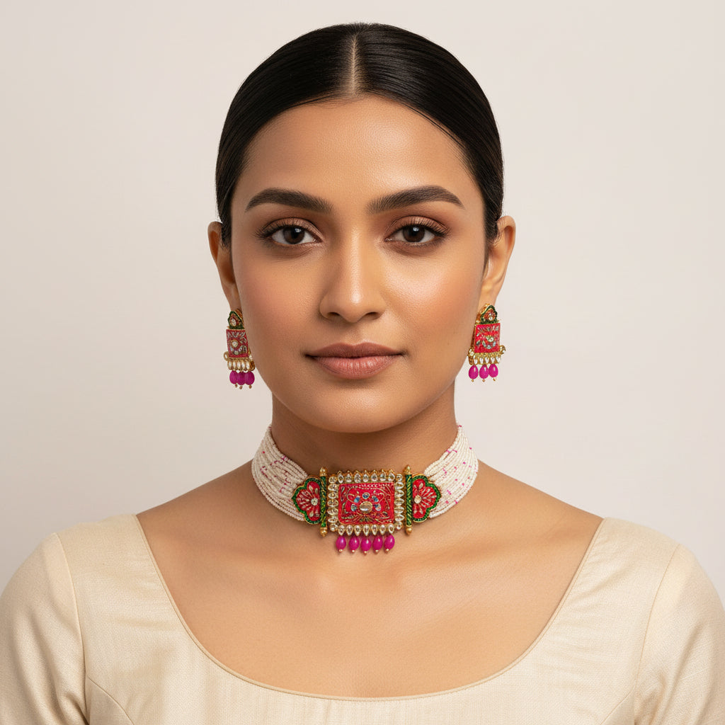 Ishani- Stone Studded Hanging Pearl Beaded Neckpiece Set (Dark Pink)