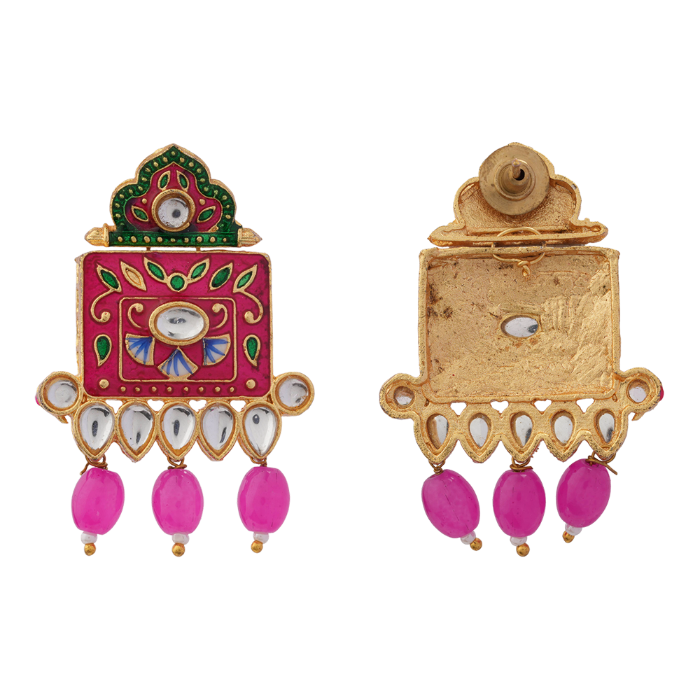 Ishani- Stone Studded Hanging Pearl Beaded Neckpiece Set (Dark Pink)