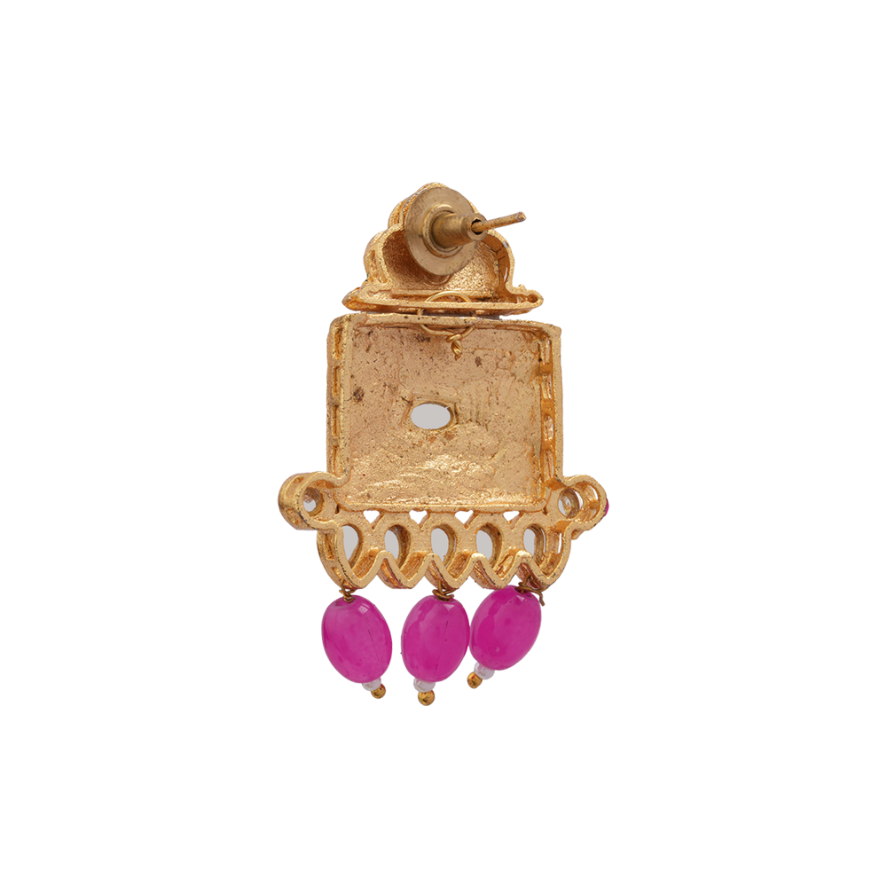 Ishani- Stone Studded Hanging Pearl Beaded Neckpiece Set (Dark Pink)