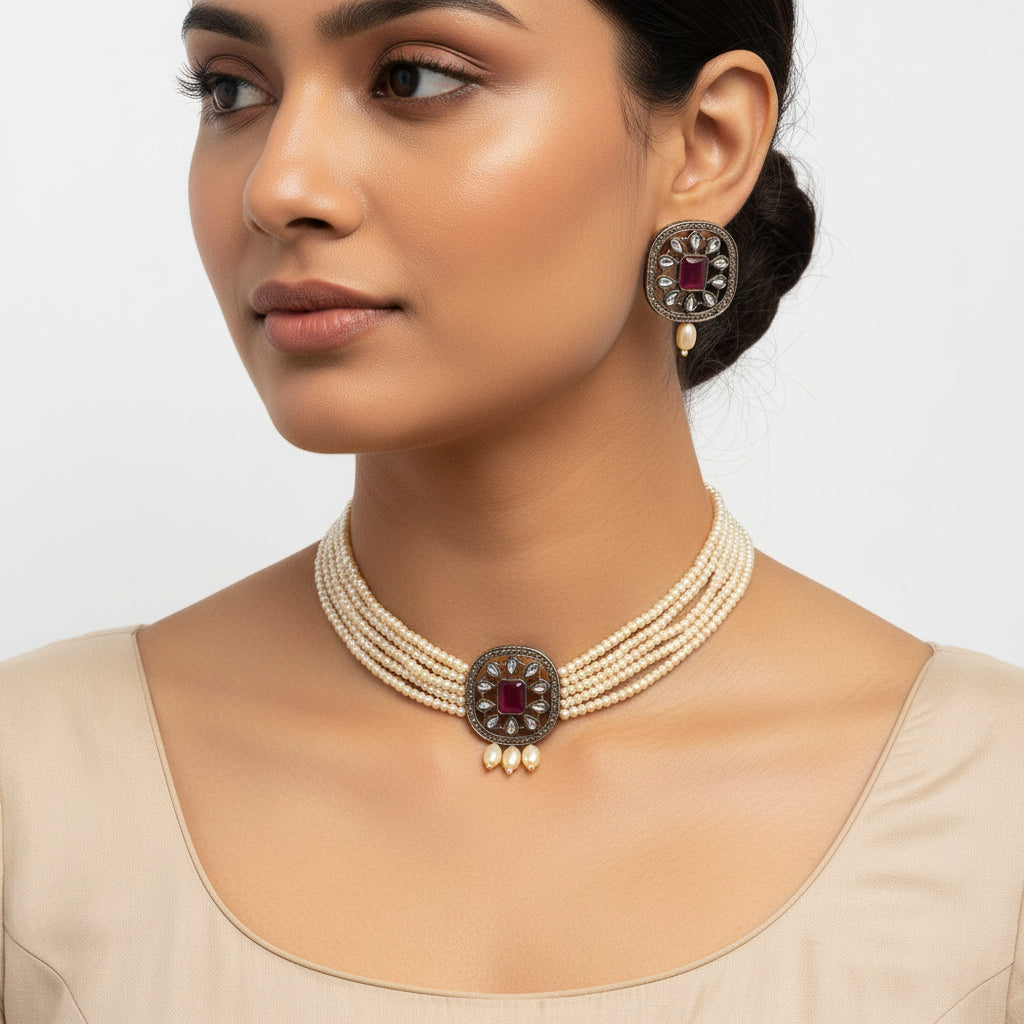 Jyotsna- Stone Studded Hanging Pearl Beaded Neckpiece Set