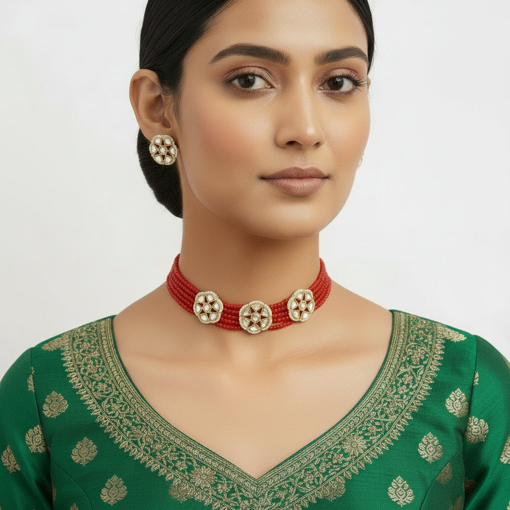 Kirtika- Stone Studded Beaded Neckpiece Set (Red)