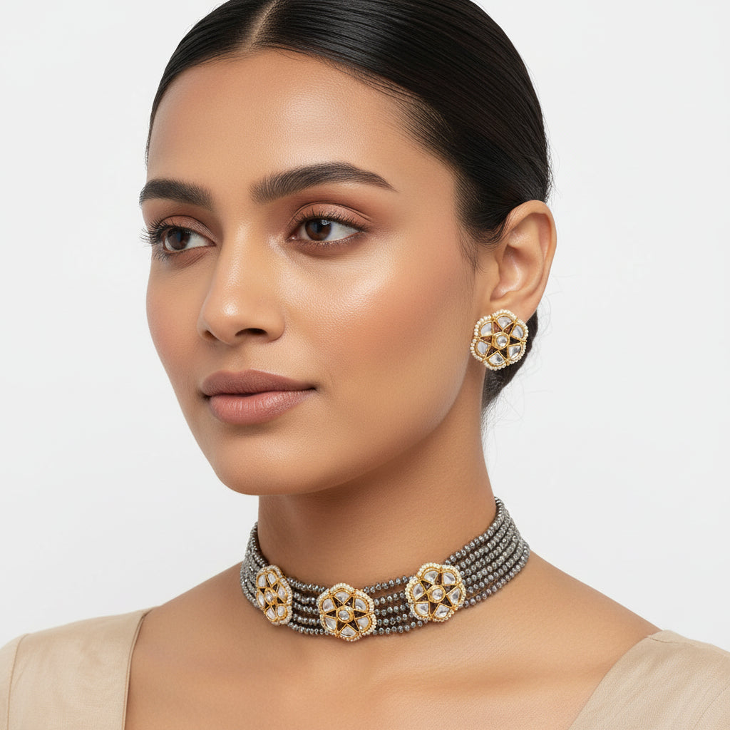 Kirtika- Stone Studded Beaded Neckpiece Set (Metallic)