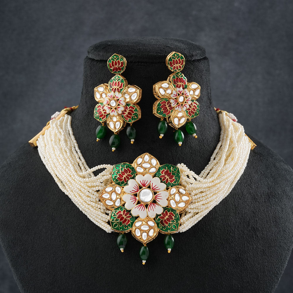 Liyana- Stone studded Neckpiece set(Green)