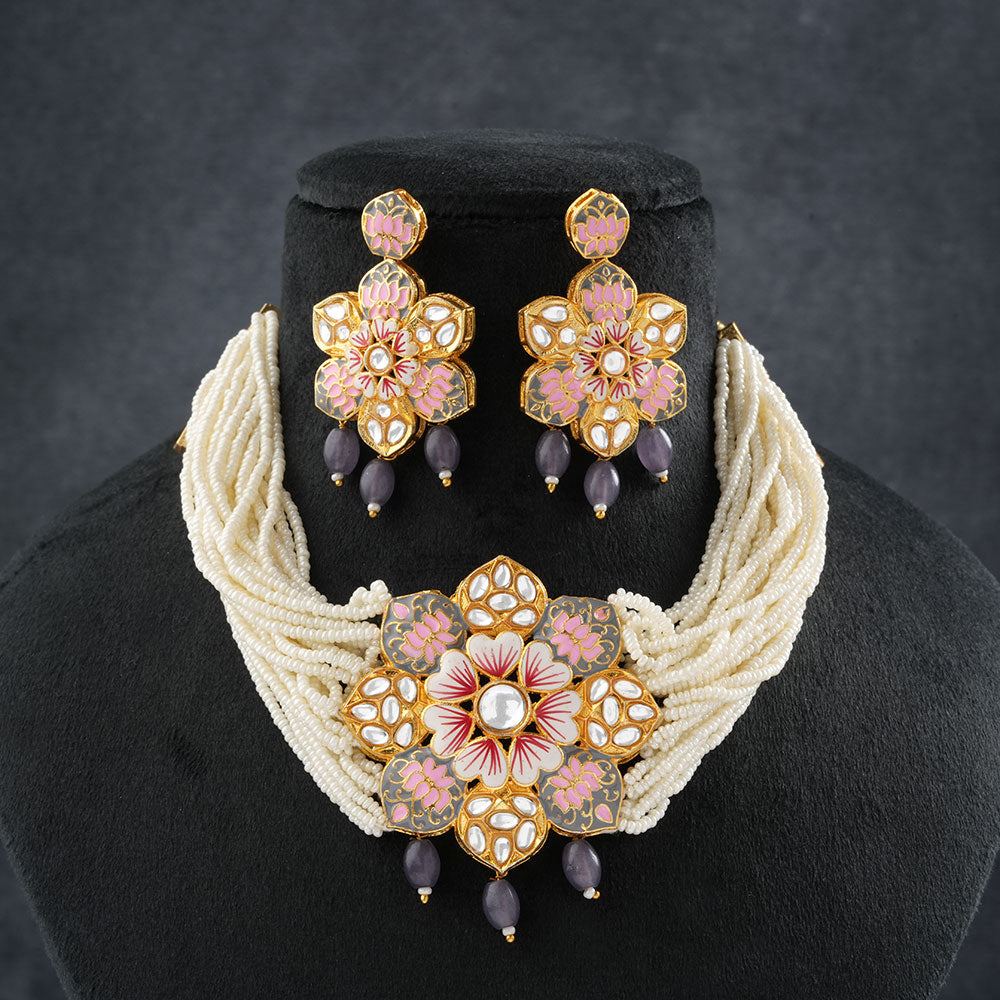 Liyana- Stone studded Neckpiece set(Gray)