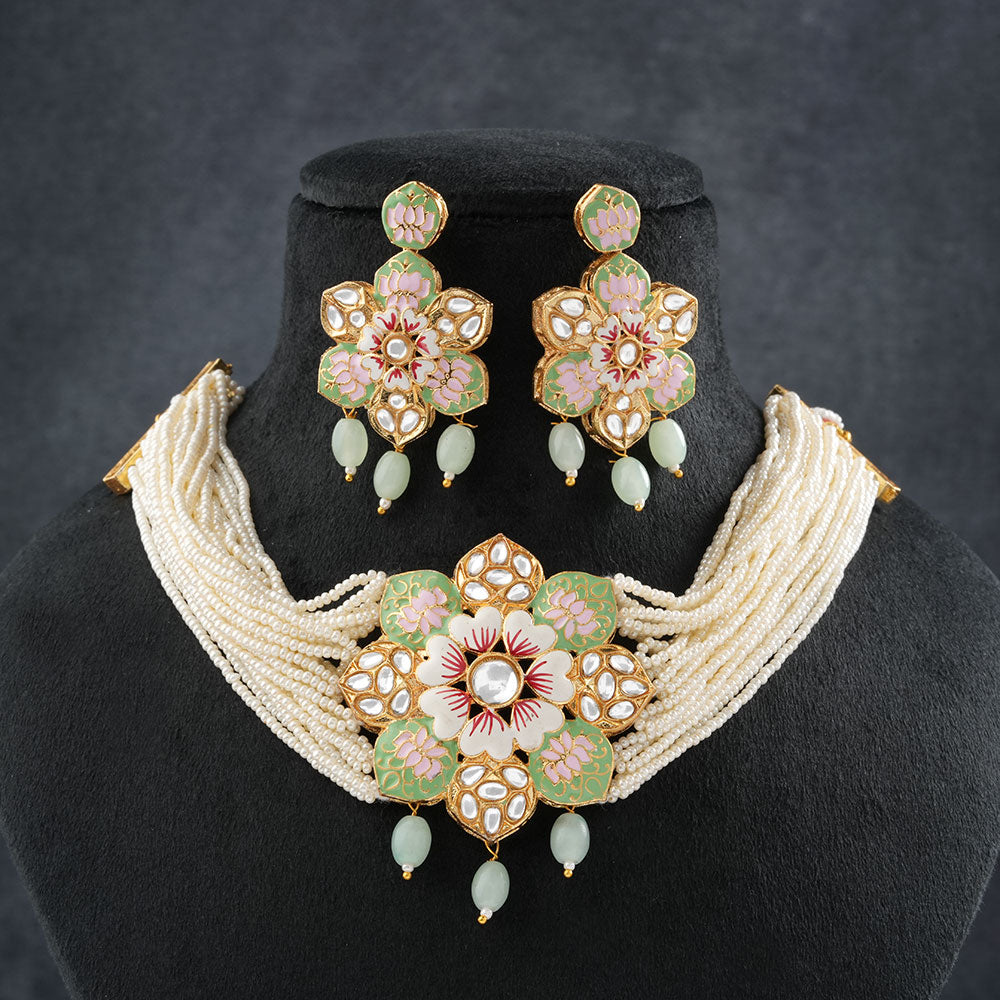 Liyana- Stone studded Neckpiece set (Parrot Green)