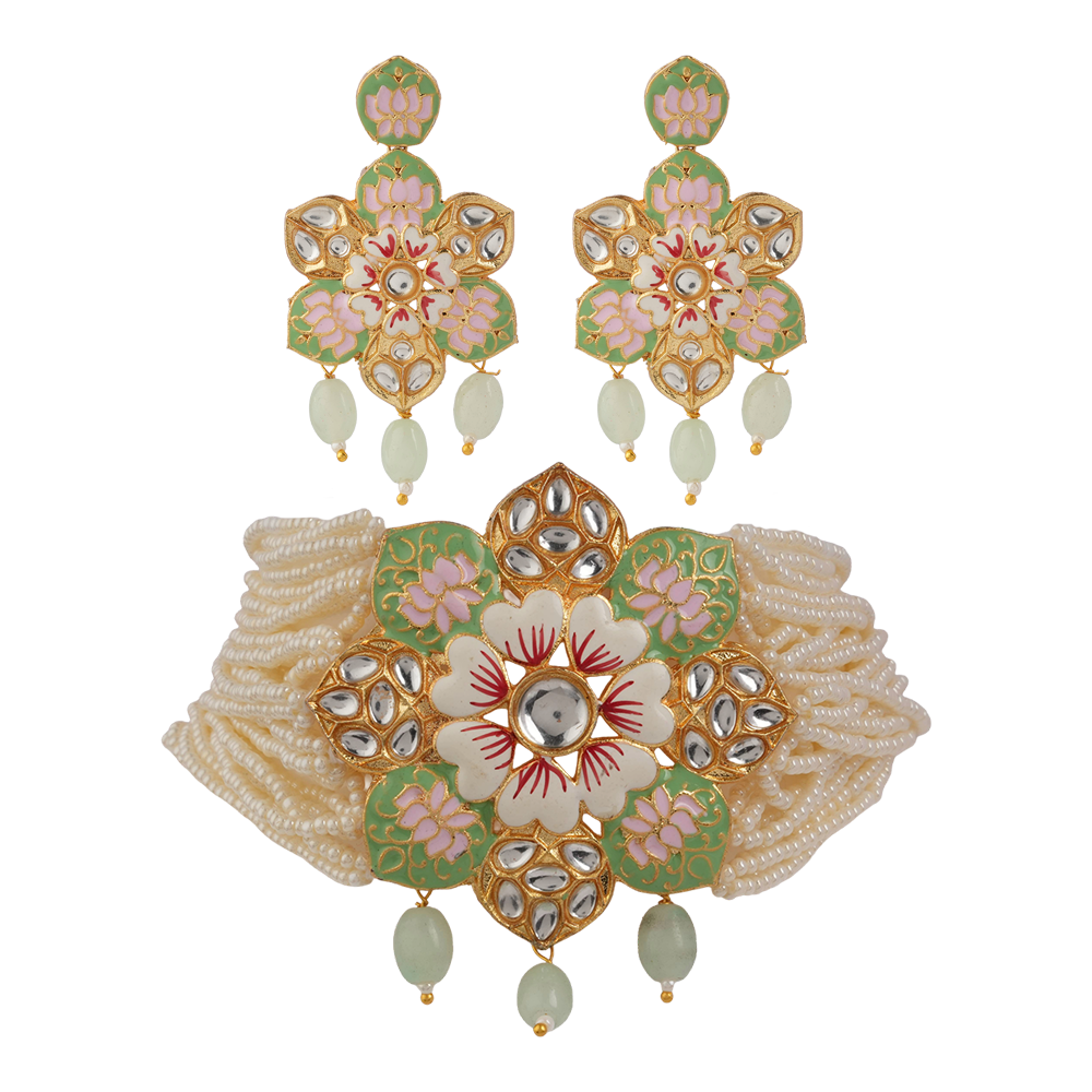 Liyana- Stone studded Neckpiece set (Parrot Green)