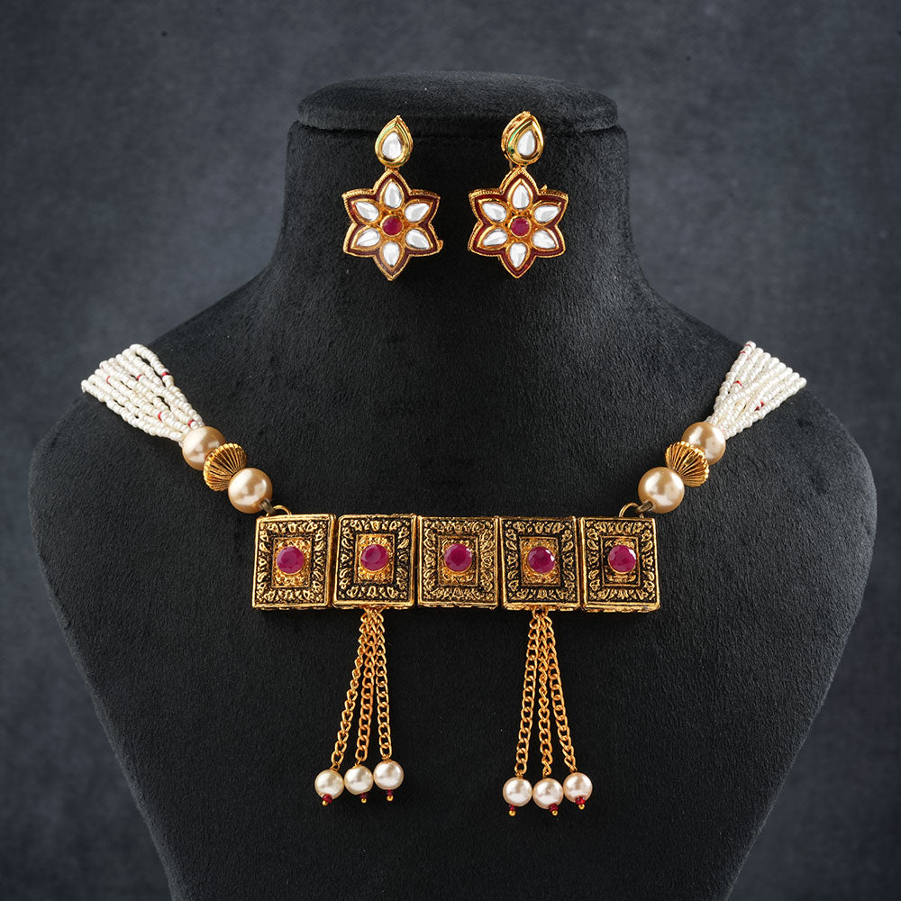 Prisha- Stone studded neckpiece set(Red)