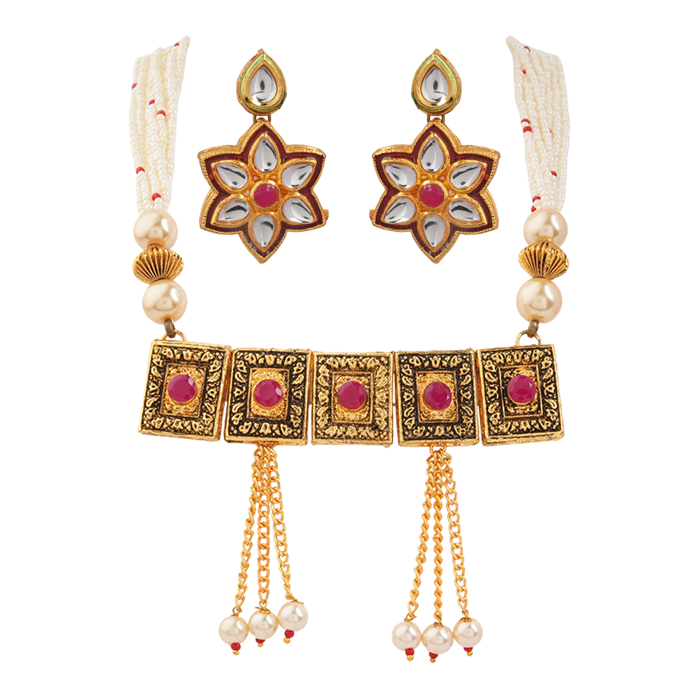 Prisha- Stone studded neckpiece set(Red)
