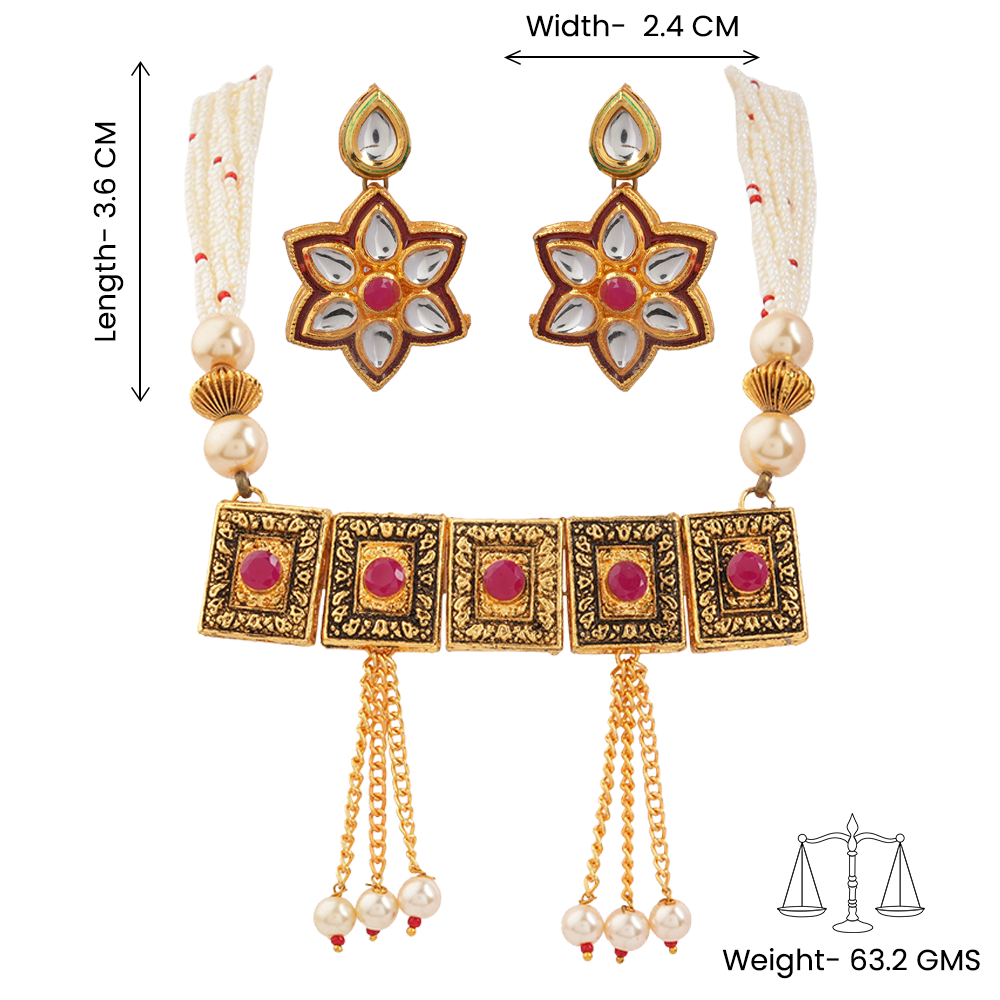 Prisha- Stone studded neckpiece set(Red)