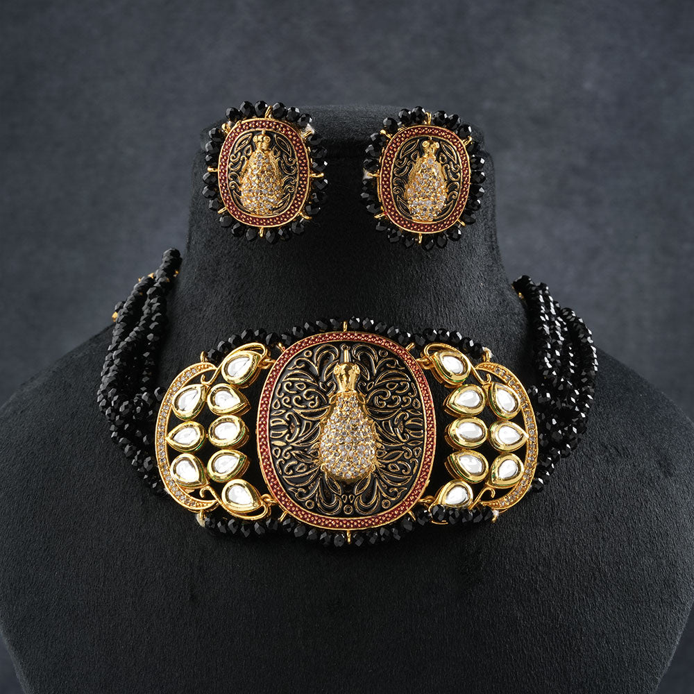 Tanira- Stone studded neckpiece set(Black)