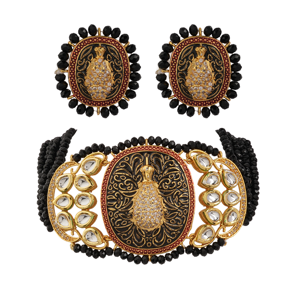 Tanira- Stone studded neckpiece set(Black)