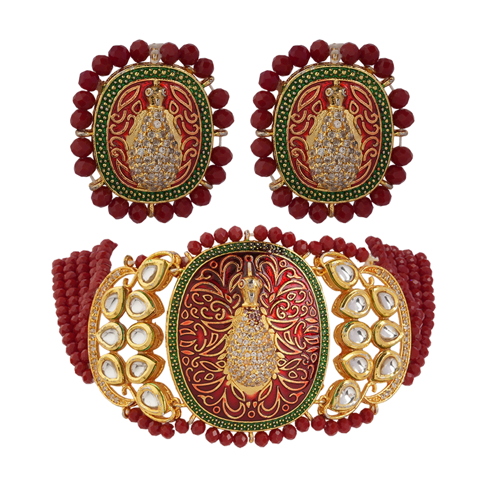 Tanira- Stone studded neckpiece set(Dark Red)