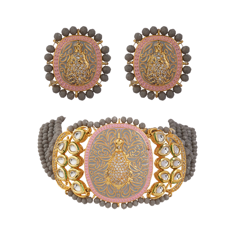 Tanira- Stone studded neckpiece set(Gray)