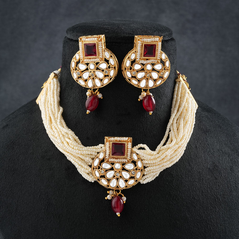 Veha- Stone studded Neckpiece set(Red)