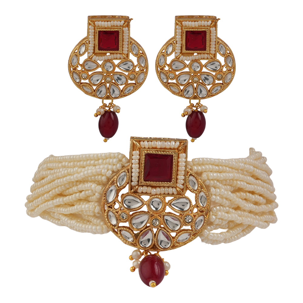 Veha- Stone studded Neckpiece set(Red)