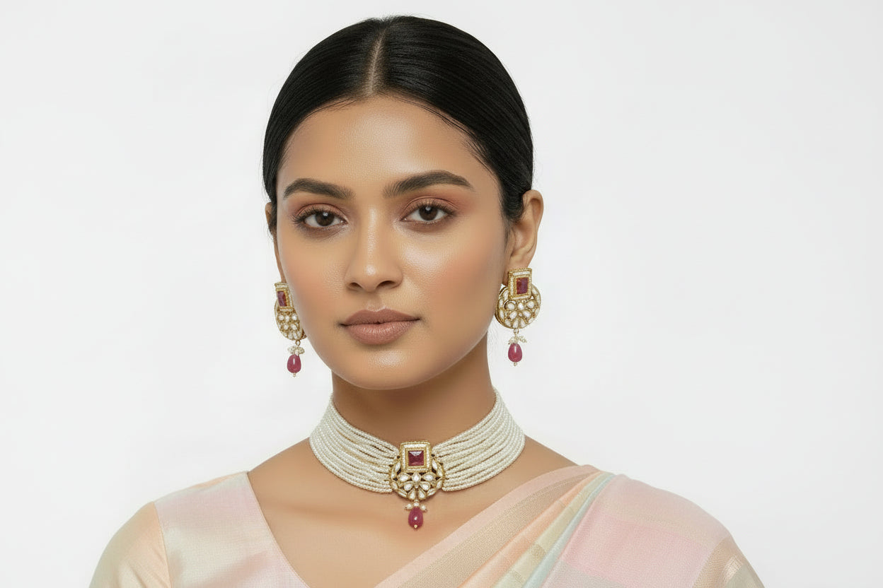 Veha- Stone studded Neckpiece set(Pink)