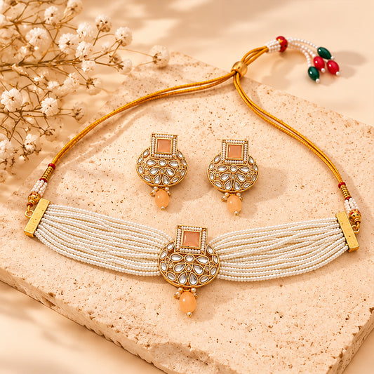 Veha- Stone studded Neckpiece set(Orange)
