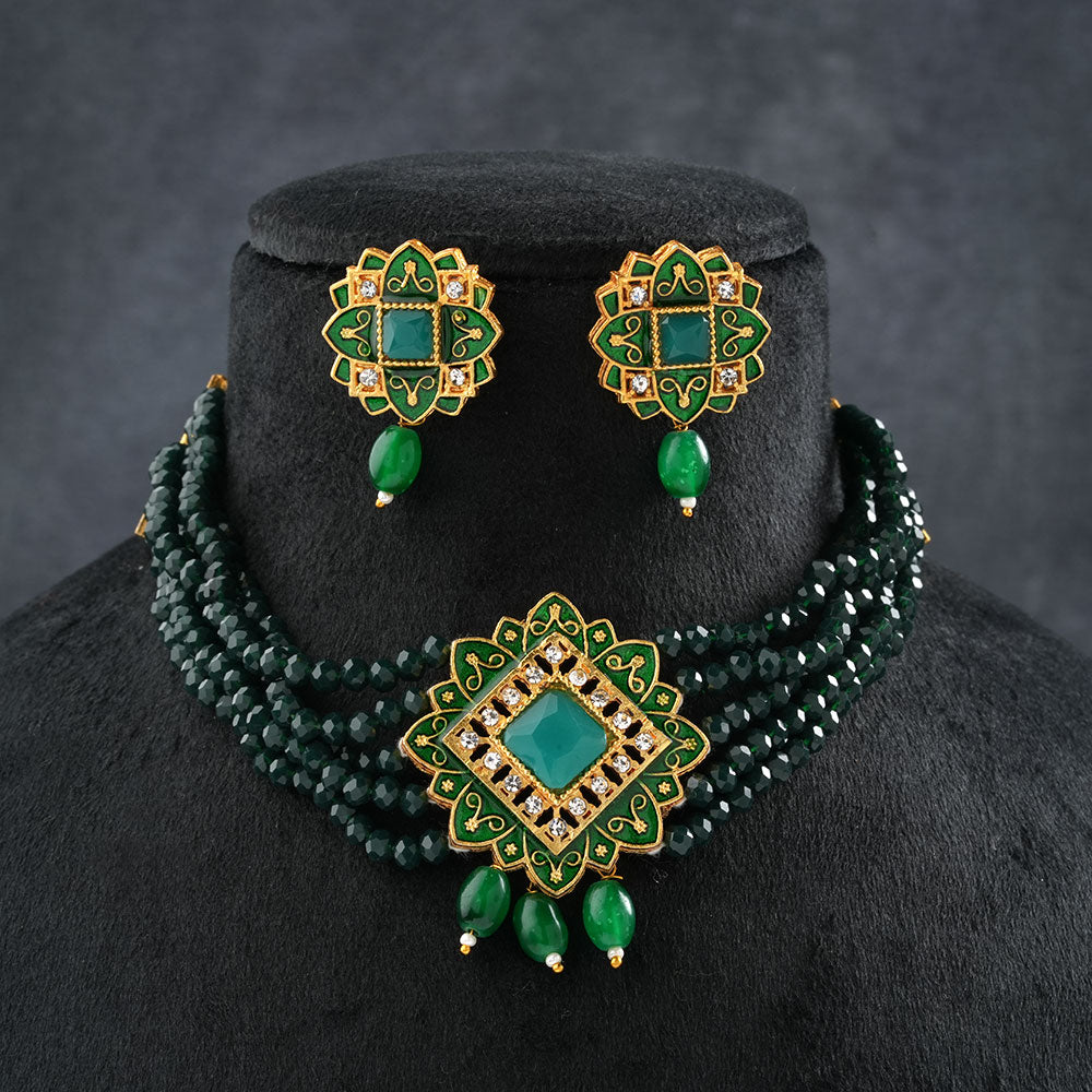 Iyana- Stone studded Neckpiece set(Green)
