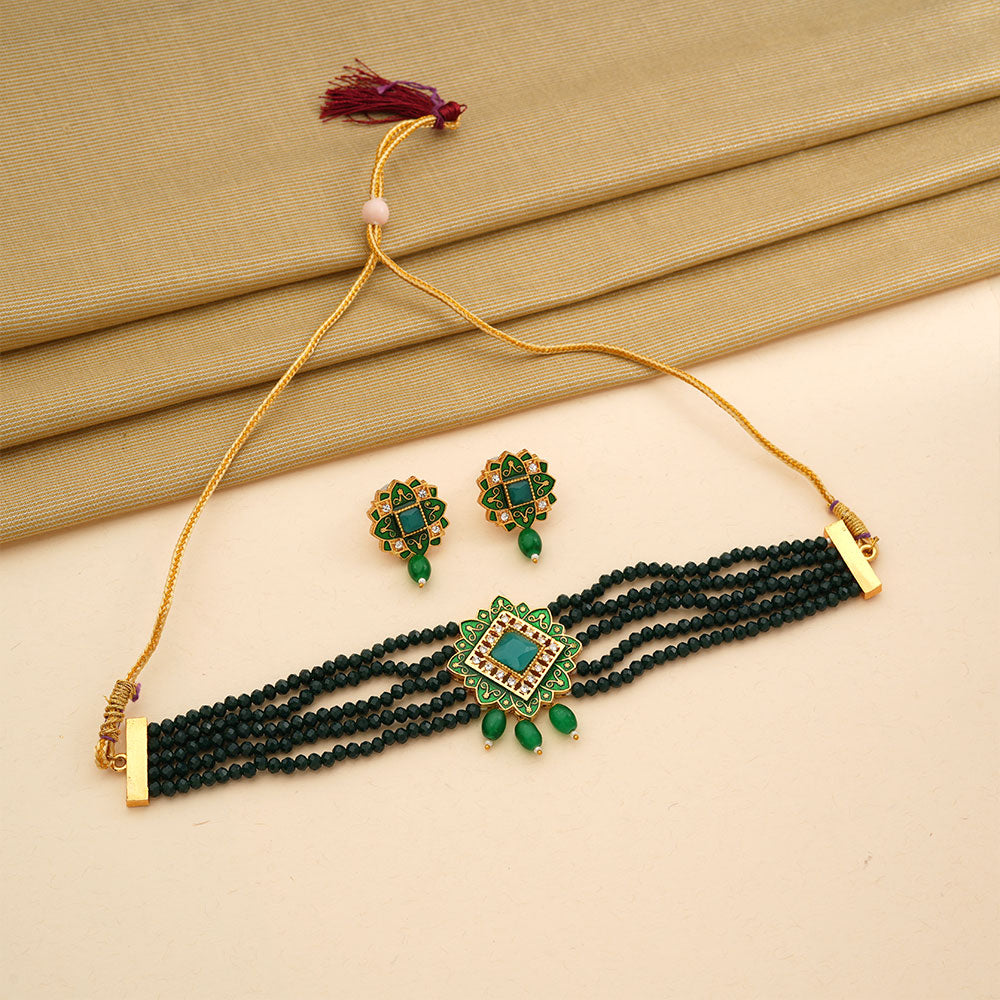 Iyana- Stone studded Neckpiece set(Green)