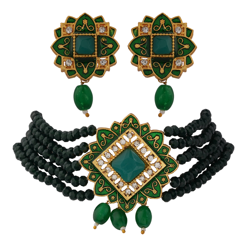 Iyana- Stone studded Neckpiece set(Green)