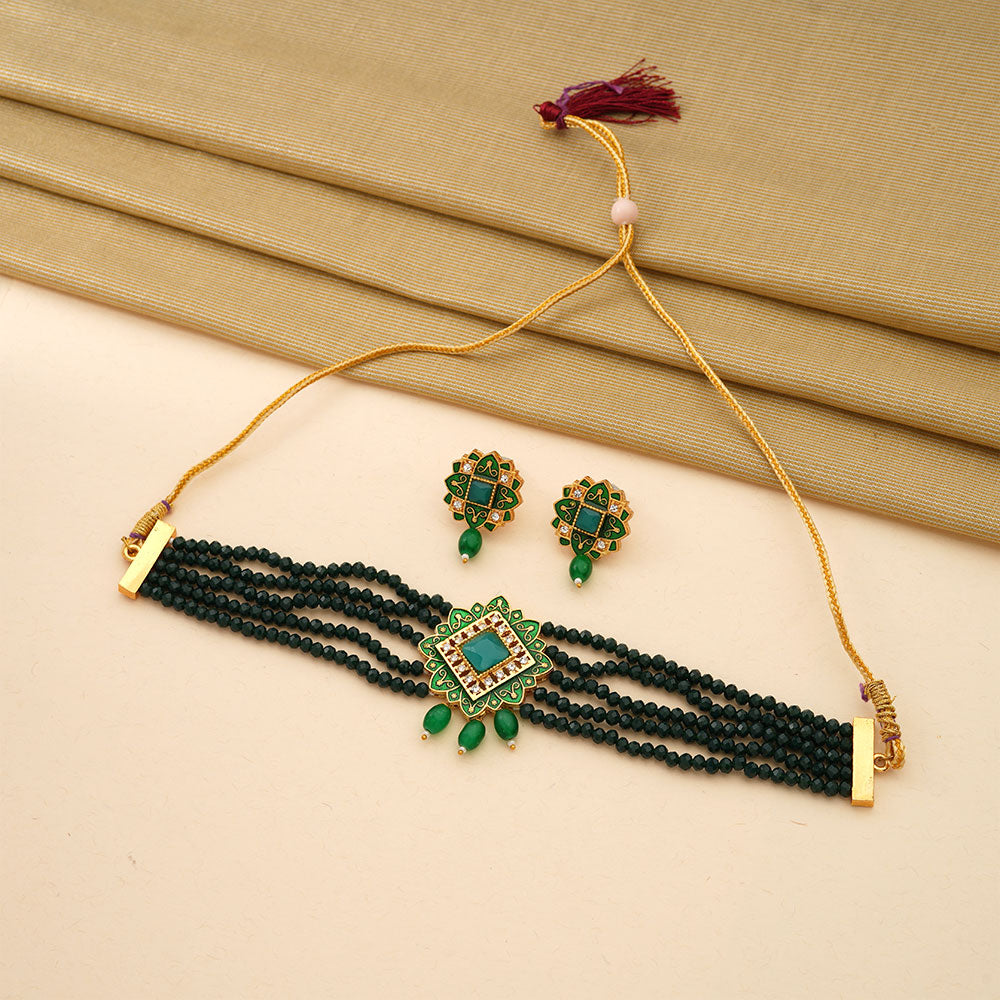 Iyana- Stone studded Neckpiece set(Green)