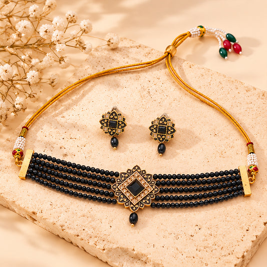 Iyana- Stone studded Neckpiece set(Black)