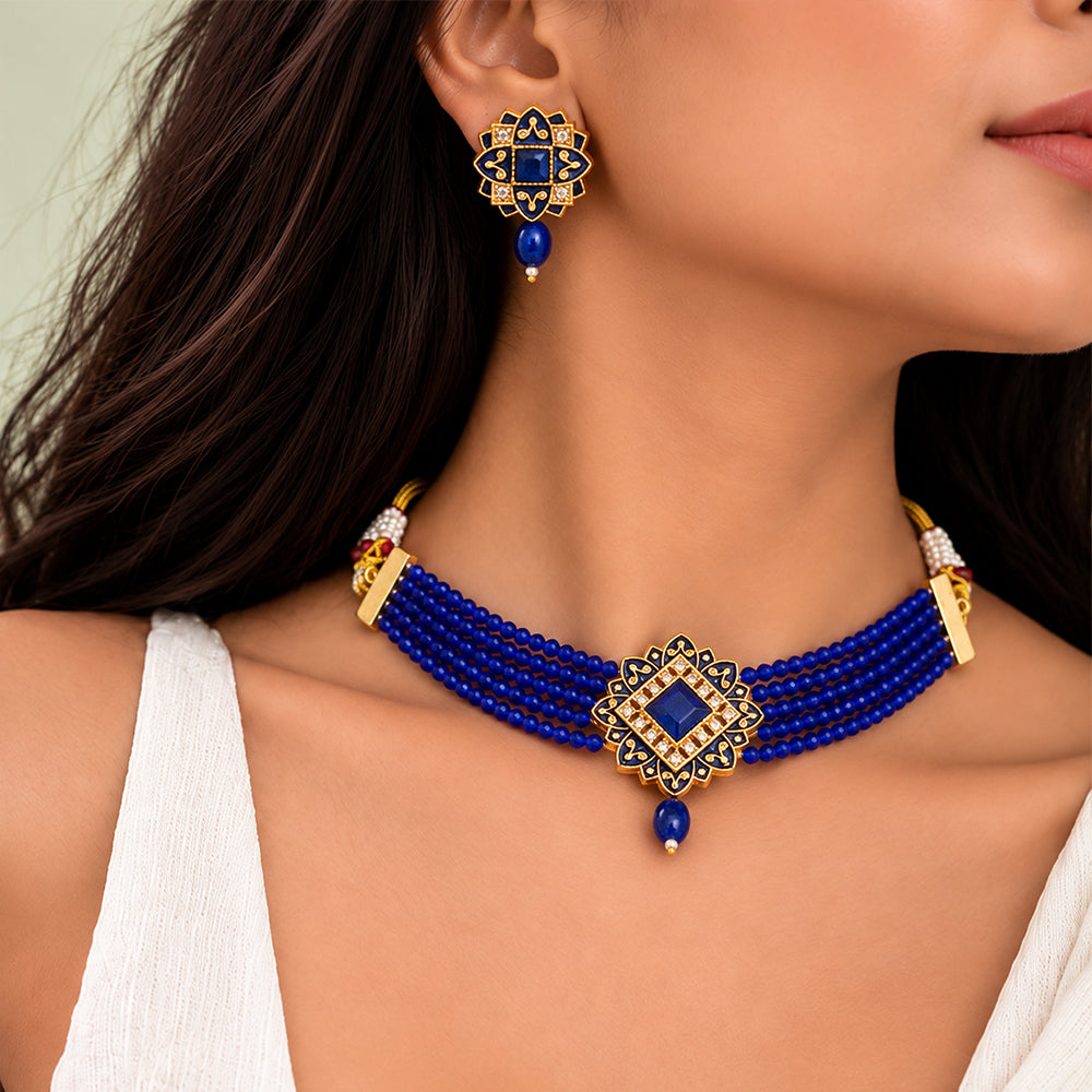 Iyana- Stone studded Neckpiece set(Blue)