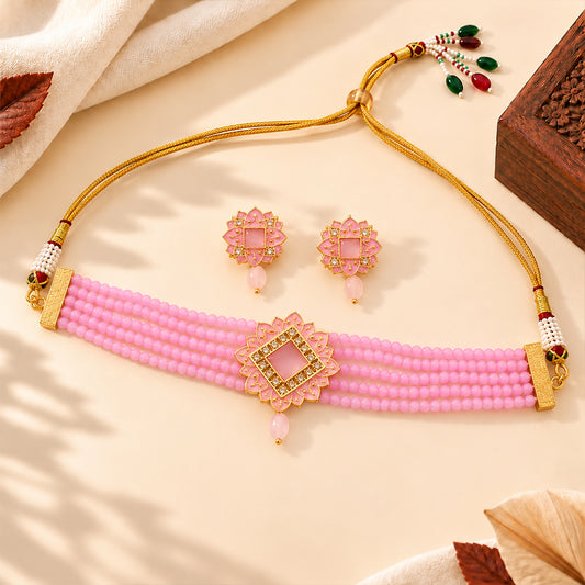Iyana- Stone studded Neckpiece set(Baby Pink)