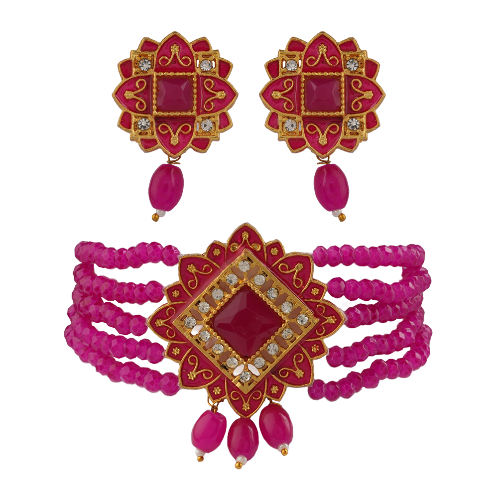 Iyana- Stone studded Neckpiece set(Dark Pink)