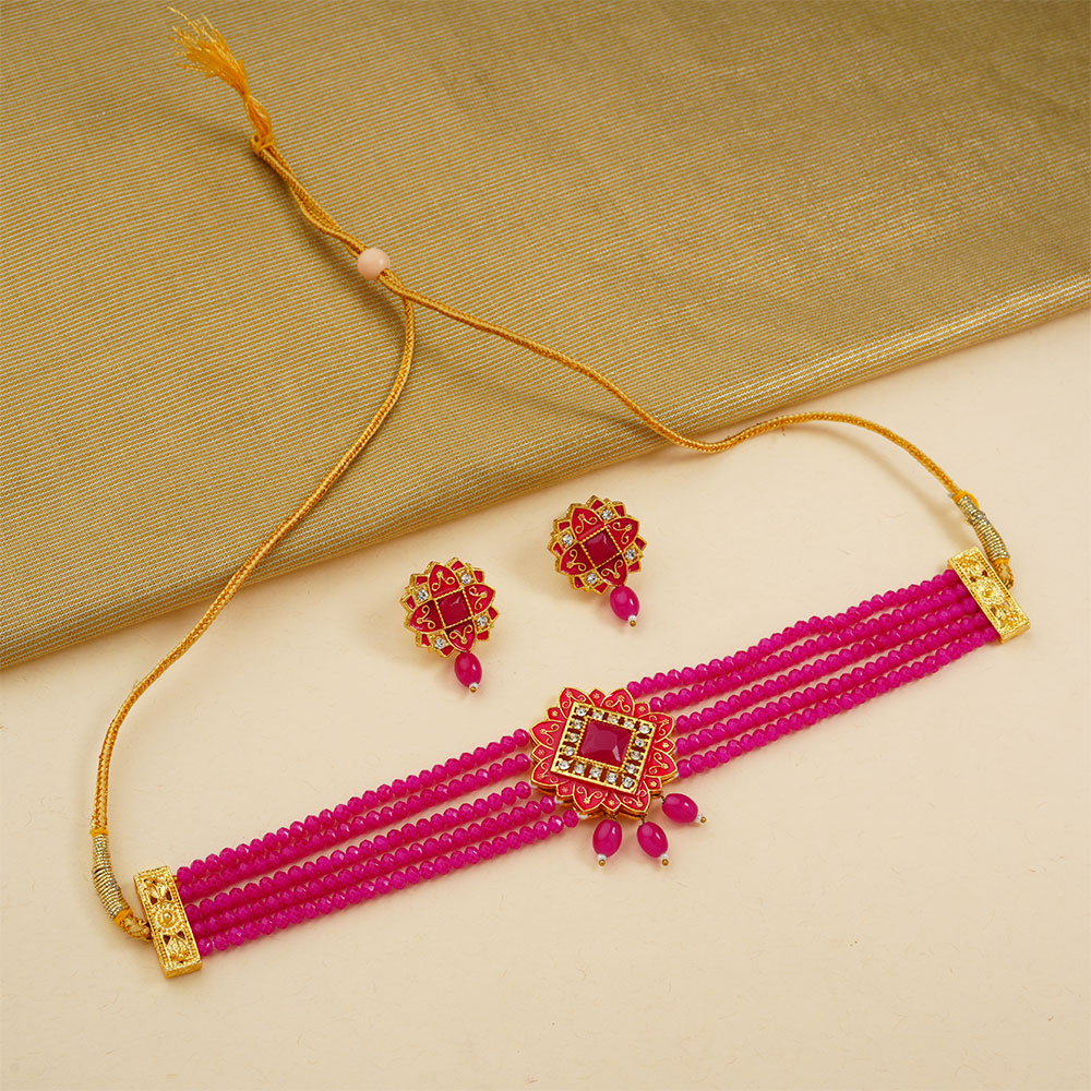 Iyana- Stone studded Neckpiece set(Dark Pink)
