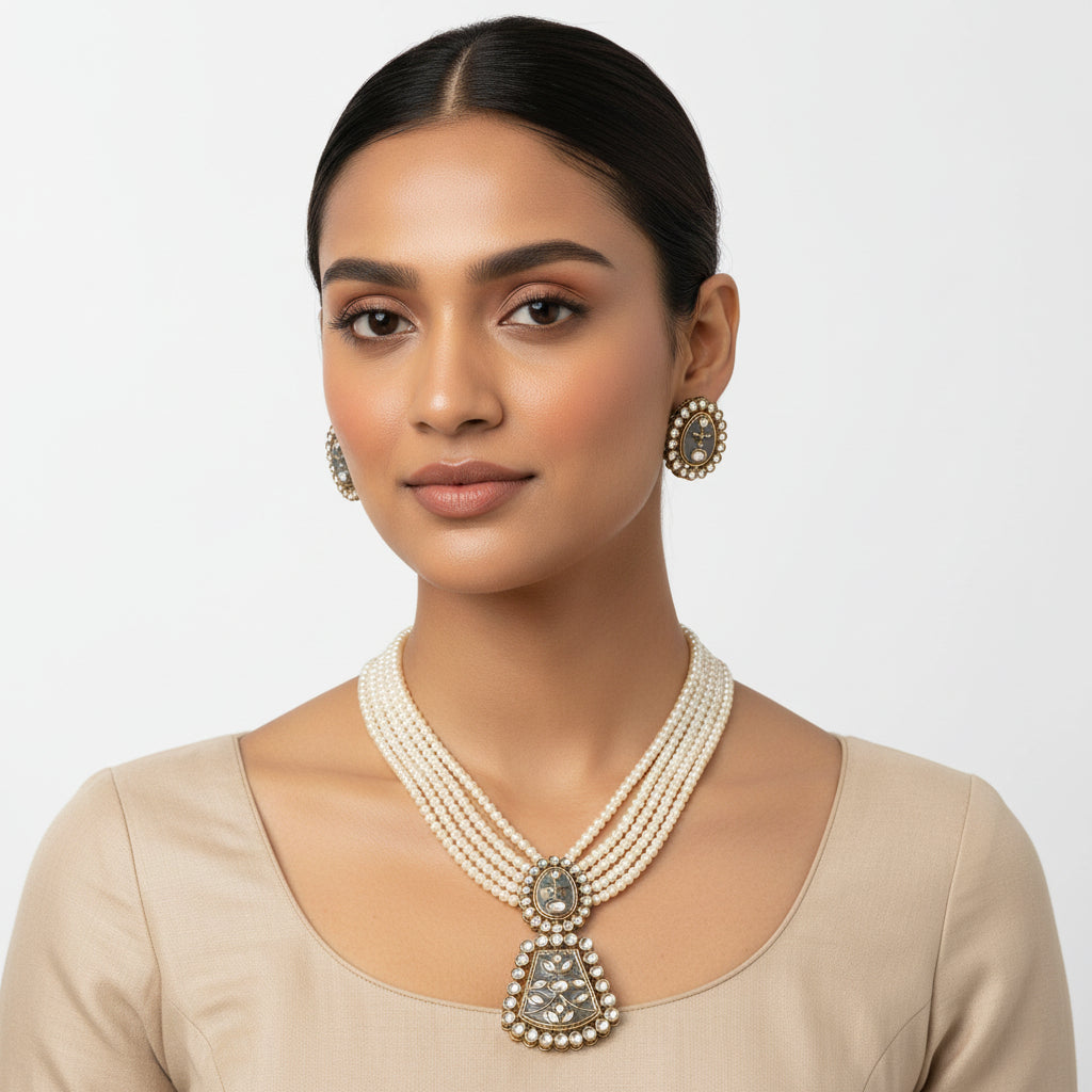 Ziva- Stone studded Neckpiece set (Gray)