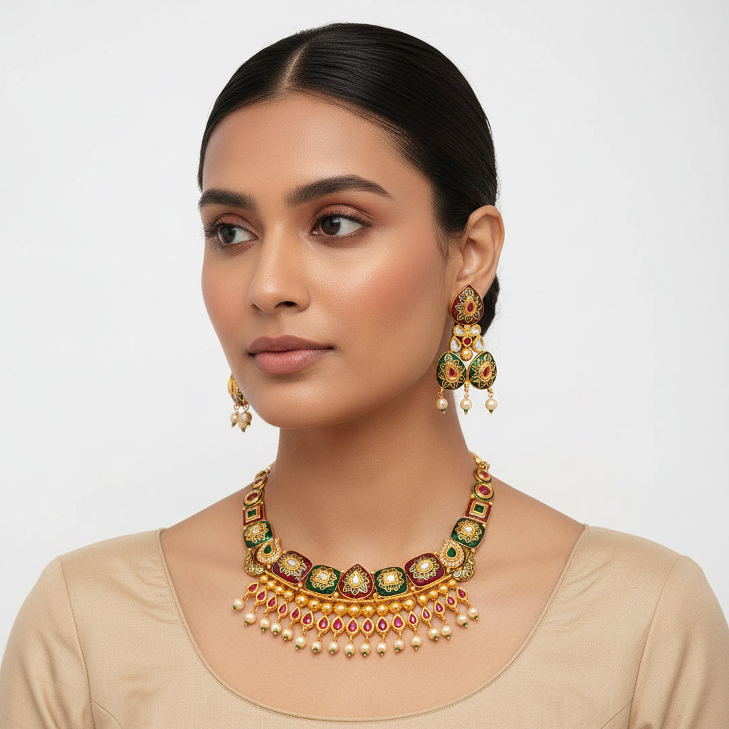 Arzaya- Stone studded hanging pearls Neckpiece set
