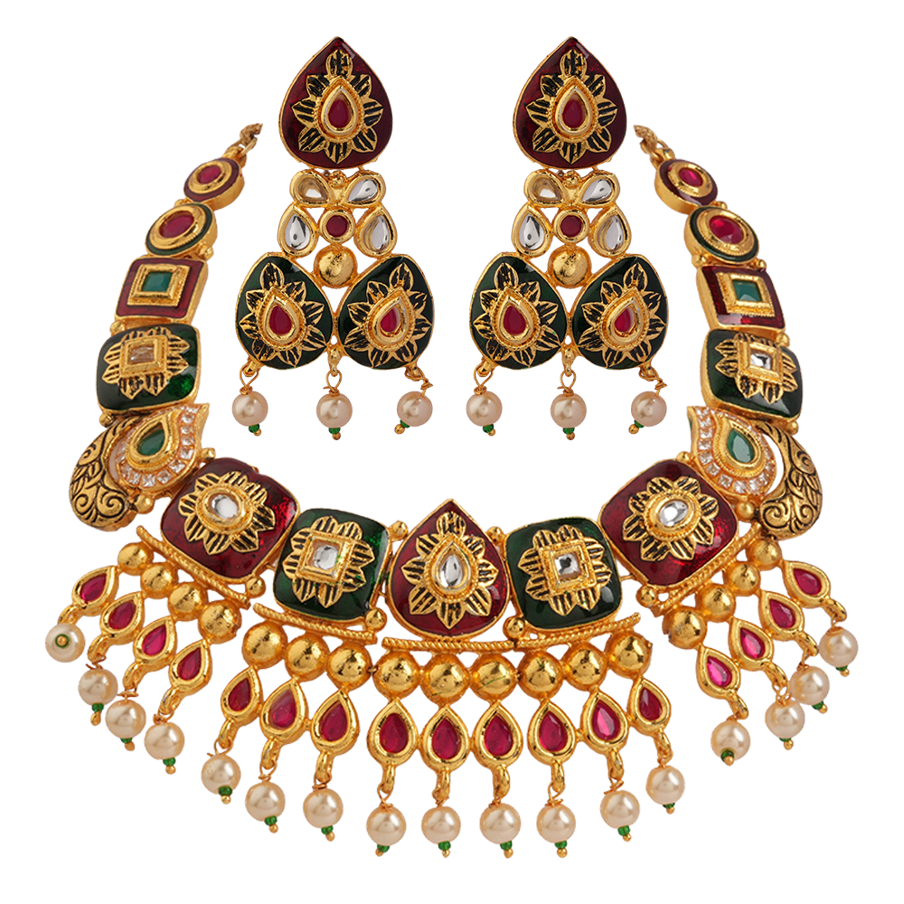 Arzaya- Stone studded hanging pearls Neckpiece set