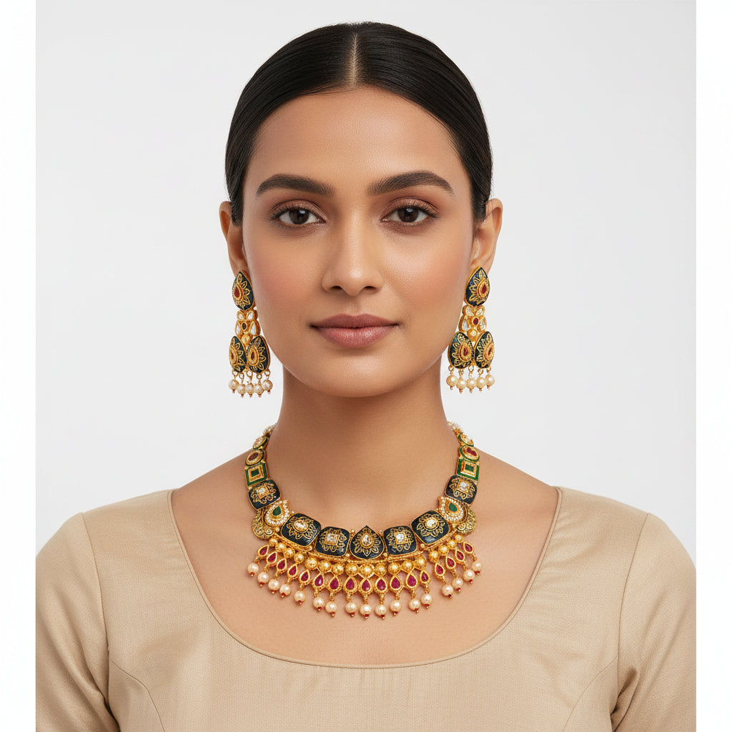 Arzaya- Stone studded hanging pearls Neckpiece set