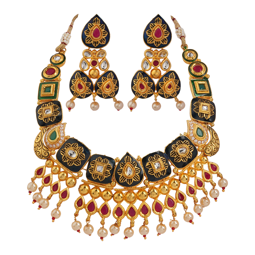 Arzaya- Stone studded hanging pearls Neckpiece set